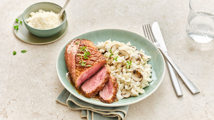 Visuel recette d'un filet de canard et son risotto aux champignons