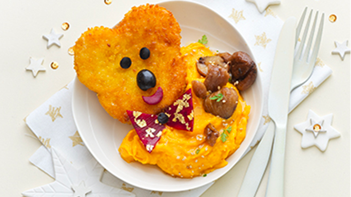 Visuel recette d'un cordon bleu en forme d'ourson accompagné d'une purée de patate douce et de marrons